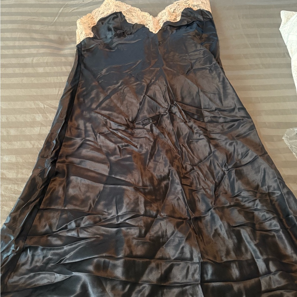 Victoria's Secret Black Satin Chemise with Cream Lace
